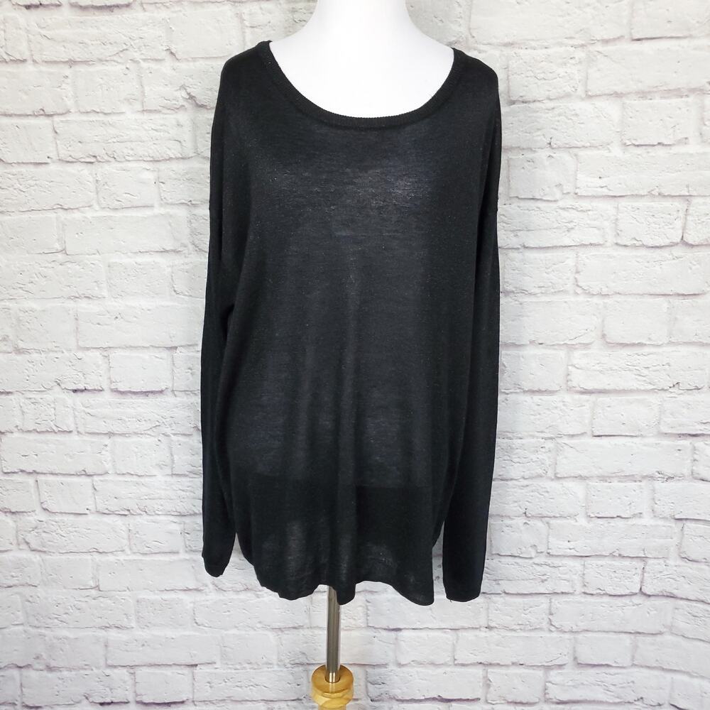 Halston Black Shimmer Crew Neck Knit Top Semi Sheer Lace Hem Sz XL